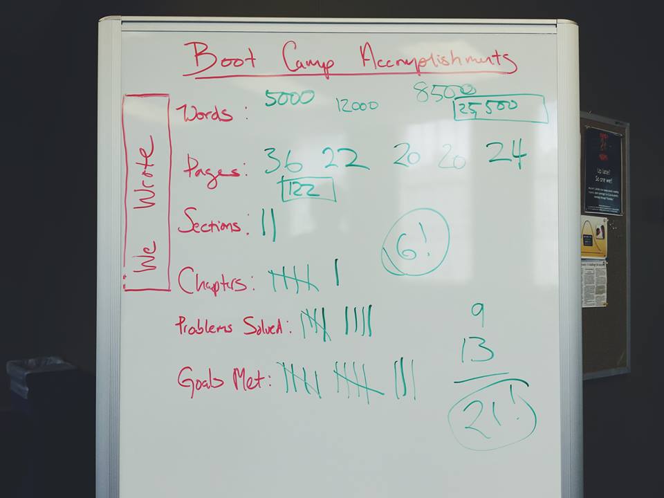 Boot Camp Accomplishments whiteboard showing the 85,000 words, 122 pages, and many chapters written and goals met