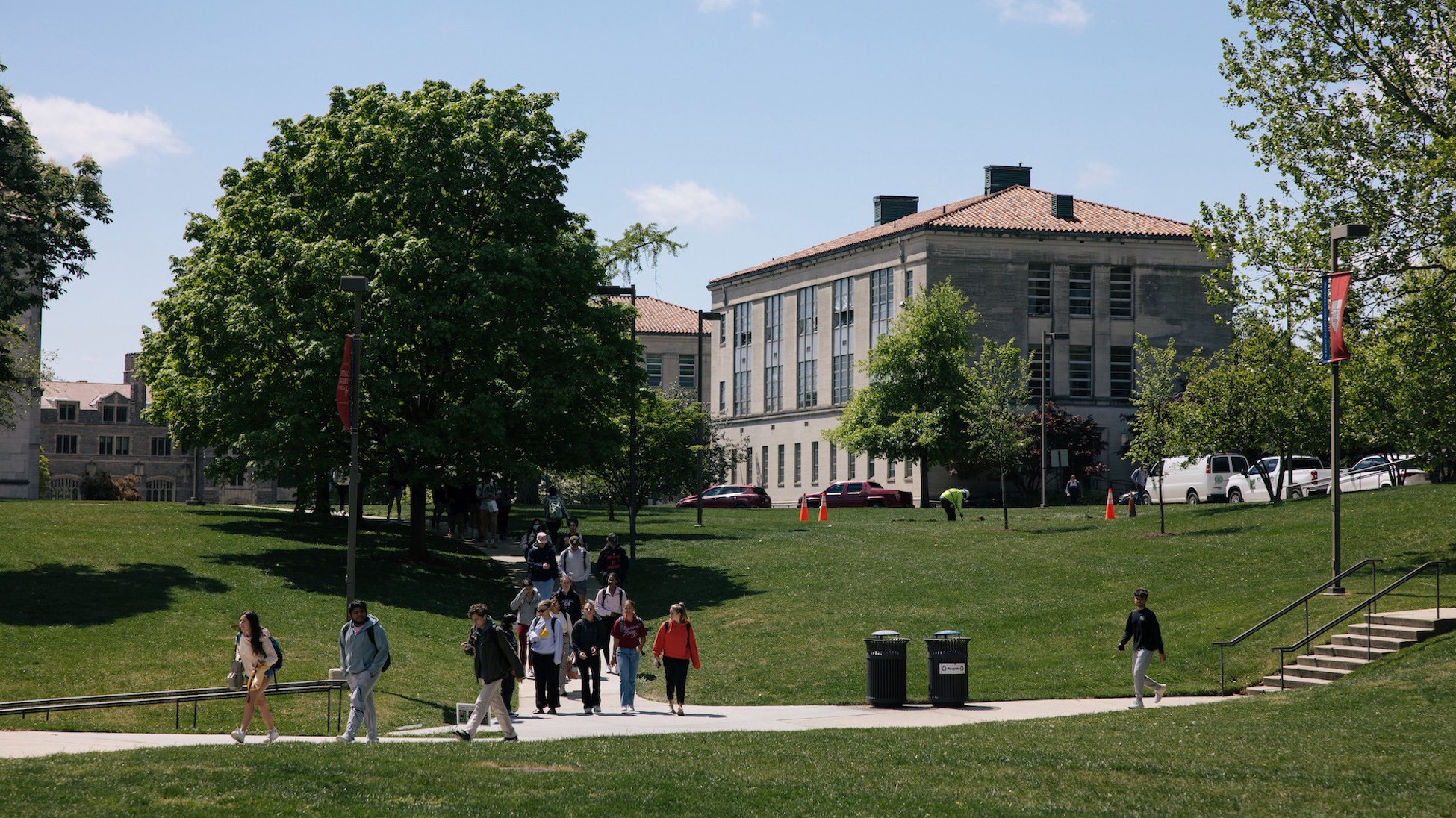 summer view looking over to mullen library from the Pryz lawn