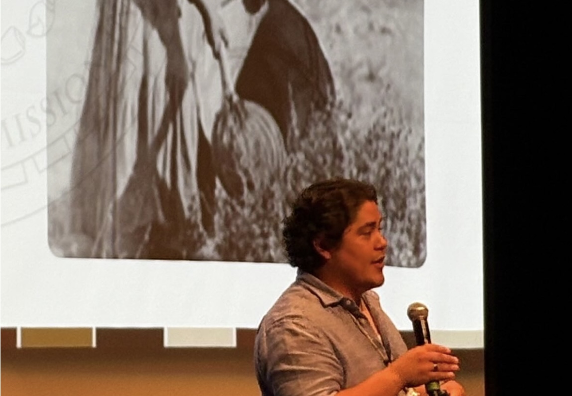 Sam teaching high school students about Gabrieleno/Tongva History